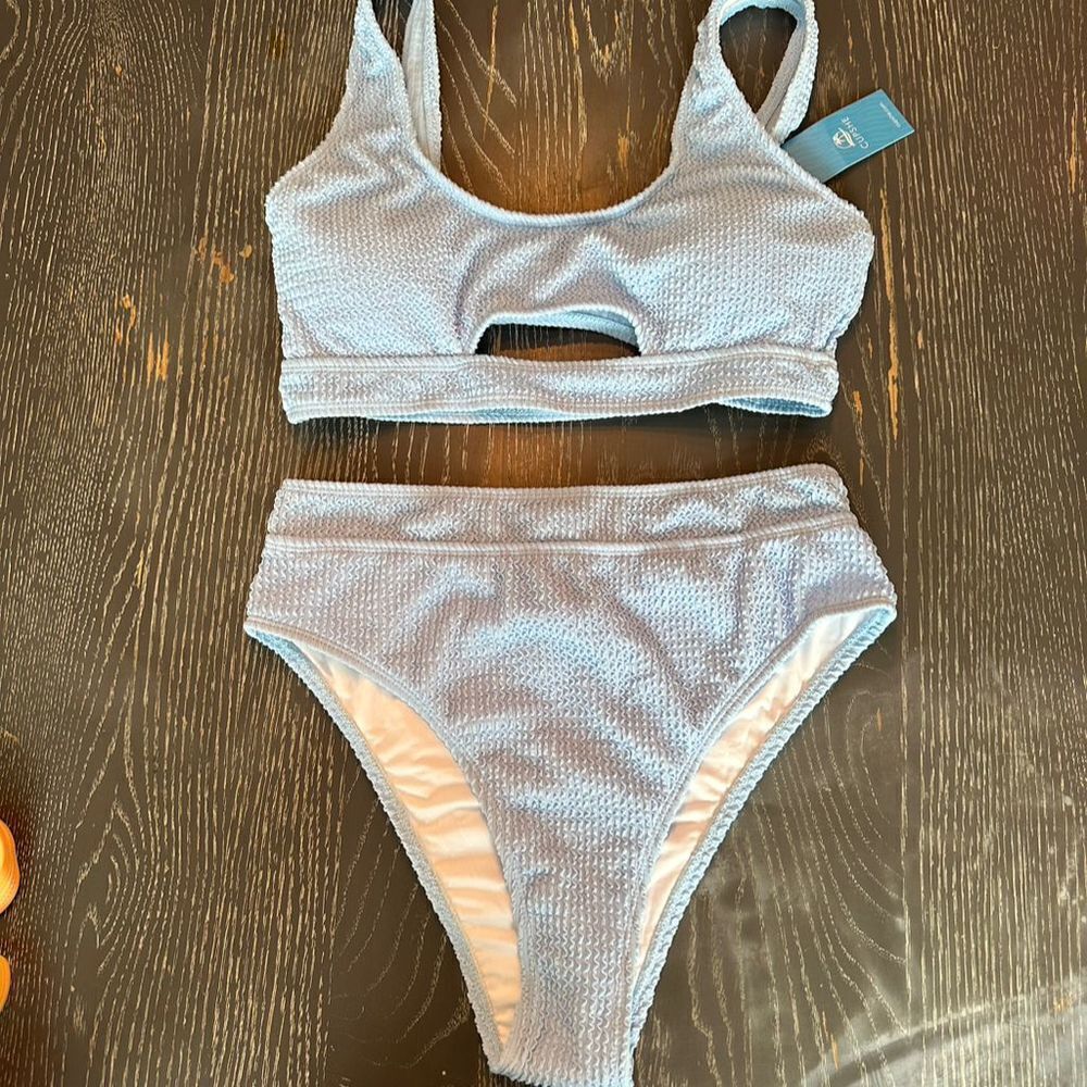 Women's Blue Textured High-Waist Bikini Set Hollow-Back Top Swimwear Size M